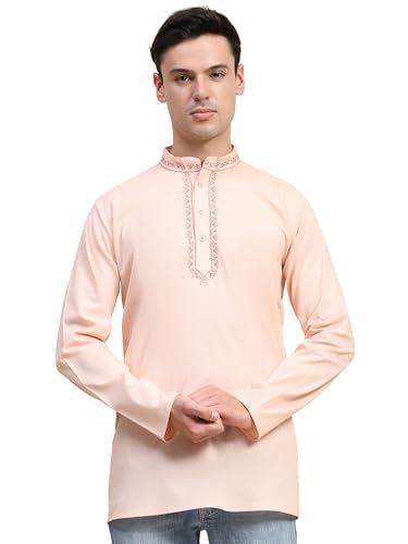 Image of SKAVIJ Men's Cotton Embroidered Kurta Shirt - Long Sleeve Traditional Indian Tunic for Casual