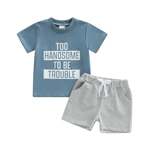 Fernvia Toddler Kids Baby Boy Summer Clothes Sets 1T 2T 3T 4T 5T Letter Print Short Sleeve Tops Elastic Shorts Outfits (B-Blue 4-5T)