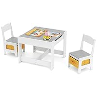 COSTWAY Kids Table Chair Set, Double Side Tabletop Table and 2Pcs Chairs with Storage Box, Activity Desk Nursery Wooden Multifunction Furniture (Grey+Yellow)