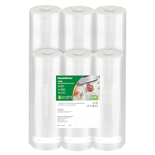 Bonsenkitchen Vacuum Sealer Rolls Bags, 6 Pack 3 Rolls 11" x 16' + 3 Rolls 8" x 16',Commercial Grade, Heavy Duty, BPA Free, Food Storage Bags