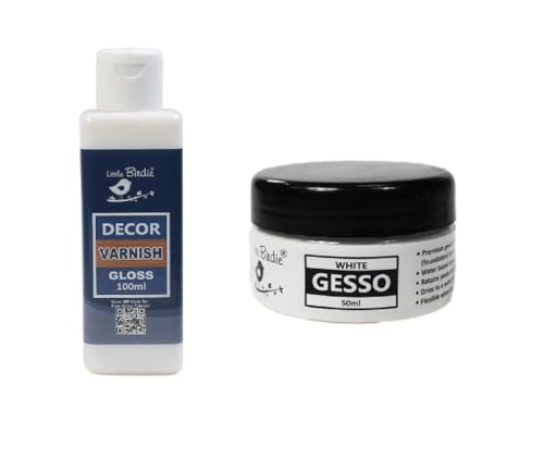 Image of Little Birdie Decor Varnish Gloss 100ml & Acrylic Gesso White 50ml Kit, Surface Primer for Canvas Wood MDF DIY Art Craft Painting Decor