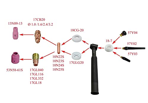 Riverweld 18Pcs Tig Gas Len Collet 10N22 45V24 .040" 10N23 45V25 1/16" 10N24 45V26 3/32" 54N18#4 54N17#5 54N16#6 54N15#7 54N14#8 Back Cap Wl20 Sky Blue Kit Fit Pta Db Sr Wp 17 18 26 Tig Welding Torch #TOP7