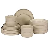 Gibson Elite Liberty Bay 16-Piece Pottery Clay Stoneware Dinnerware Set – Taupe Reactive Glaze, Stackable Plates and Bowls W/Pasta Bowl, Service for 4 – Microwave & Dishwasher Safe