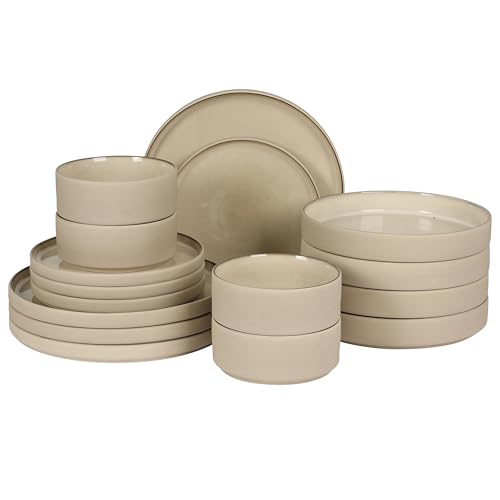 Image of Gibson Elite Liberty Bay 16-Piece Pottery Clay Stoneware Dinnerware Set - Taupe Reactive Glaze, Stackable Plates and Bowls W /Pasta Bowl, Service for 4 - Microwave & Dishwasher Safe