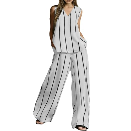 Combinaison lin femme élégante débardeur rayé sans manches pantalon large avec poches
