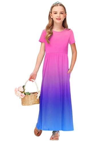 Deerose Girls Maxi Dress Short Sleeve Gradient Dresses Floor Length Outfits 5-14 Years4