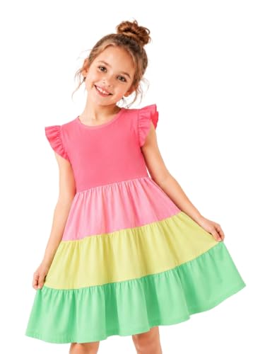 Image of HILEELANG Girls Cotton Tiered Dress Flutter Ruffle Sleeve Summer Swing Sundress Birthday Party Casual Outfit Colorblock 2-12Y