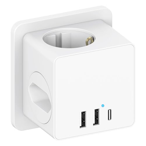 Ladron Enchufes con USB C, Triple Multiple con 3 USB, 6 en 1 Cubo Cargador Ladrón Enchufes, Multiple Pared con Interruptor, Regleta Pared Compatible con Hogar Oficina (White)
