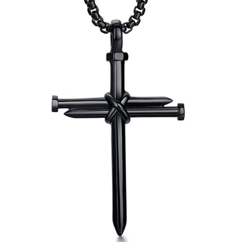 Dreuyet Nail Cross Necklace for Men Stainless Steel Vintage Polished Black Gold Silver Nail Cross Pendant Chain 24 inch Strength Bible Verse Cross Necklace Christian Jesus Jewelry Gifts