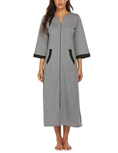 Ekouaer Women Zipper Robe 3/4 Sleeves Loungewear Full Length Sleepwear Pockets Housecoat Long Soft Bathrobe #TOP2