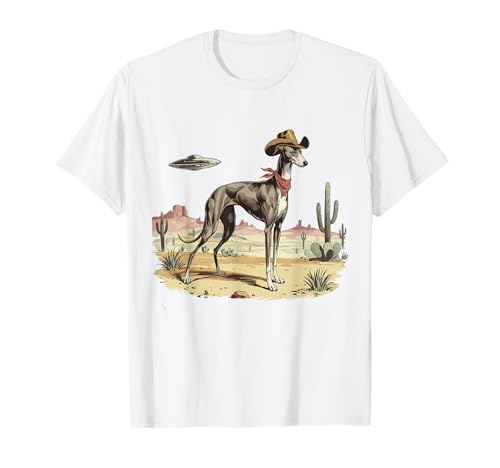 UFO Greyhound Western Alien Vintage 90s Whippet Cowboy Dog T-Shirt