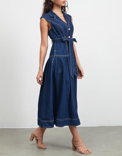 Ladyful Womens Sleeveless Denim Midi Dress Lapel V Neck Casual Flowy Wrap Belt A-Line Button Jean Dress4