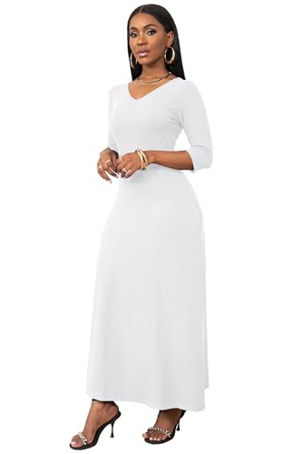 FANDEE Maxi Dress for Women 3/4 Sleeve Maxi Dresses V Neck Casual Loose Long T Shirt Dresses with Pockets4