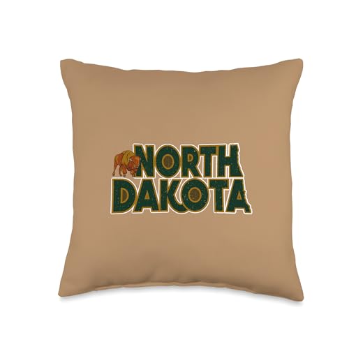North Dakota Text Inside State Map Outline And Bison Graphic Throw Pillow
