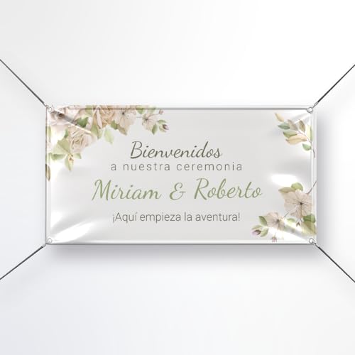 Pancarta Personalizada para Boda en Lona 510gr – Cartel de Bienvenida con Nombres de los Novios, 21 Medidas Disponibles – Perfecta para Decoración de Boda, Bodas de Oro, Plata y Photocall (Modelo 3)