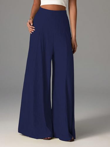 Image of Shasmi Women's Elegant High Waist Wide Leg Pants - Textured Solid Color Loose Fit Long Trousers | Casual Beach & Airport Outfit | Lightweight Flowy Palazzo Style (Trouser 259)