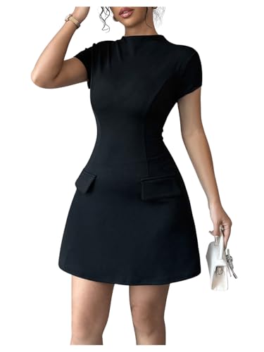 Image of SOLY HUX Women's Mock Neck Short Sleeve Dress A Line Flared Mini Dresses Pure Black Medium