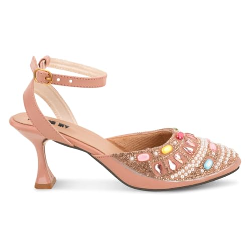 Image of Women's Embellished Pearl and Crystal Kitten Heel Sandals, Mint Green, Ankle Strap, Pointed