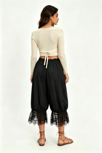 Image of UAURORAO Women Lace Trim Bloomer Pants Flowy Culottes Pantaloons Bloomers
