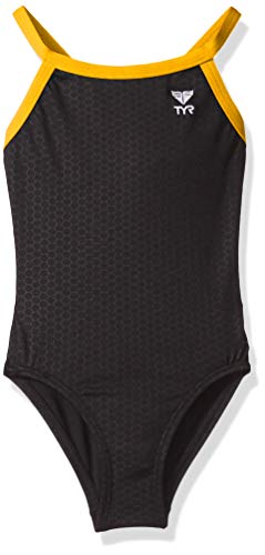 TYR Girls Hexa Diamondfit Swimsuit, Black/Gold, 22