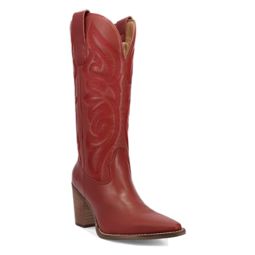 Dingo Womens Hensley Embroidered Snip Toe Pull On Casual Boots Mid Calf Mid Heel 2-3" - Red2