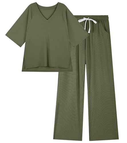 Image of difficort Womens 2 Piece Outfits Raglan Short Sleeve Lounge Sets Wide Leg Sets Loungewear with Pockets