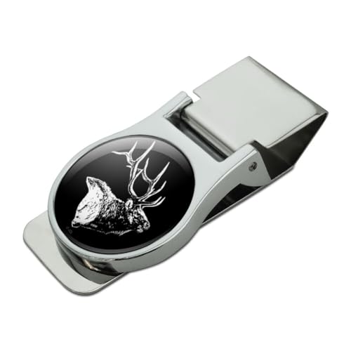 Bull Elk Illustration Satin Chrome Plated Metal Money Clip