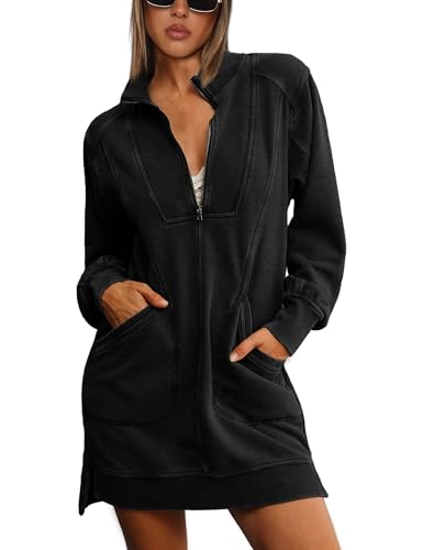 Half Zip Sweatshirt Dress for Women Casual Long Sleeve Mini Dresses V Neck Pullover Tunic Top with Pockets