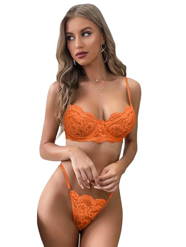 Lilosy Sexy Underwire Push Up Scallop Floral Lace Sheer Lingerie Set for Women Bra and Panty 2 Piece3