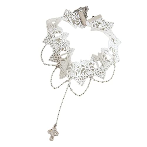 Collar de encantos cruzados creativos Cosplay Gargantilla de encaje blanco Colgante de cadena de metal Collares de encaje Adornos de Lolita de Halloween Collar de gargantilla de lolita Collar de Cover