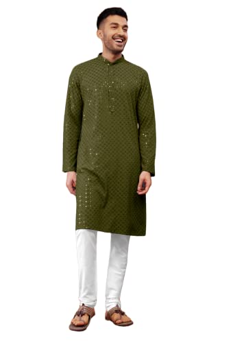 Image of Men's Rayon Blend Lucknowi Sequence Kurta Pyjama (Chickankari)