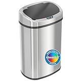 iTouchless 13 Gallon Oval Sensor Trash Can with Odor Filter, 50 Liter Automatic Kitchen Garbage Bin, Fingerprint-Proof Stainless Steel, Smart Hands-Free Motion Lid, Quiet Soft-Close, Brushed Silver