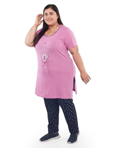 Image of CUPID Women's Printed Cotton Night Dress, Loungewear, Nightwear, Night Suit, Daily Use Top and Pyjama Set with Pocket for Ladies, L to 7XL