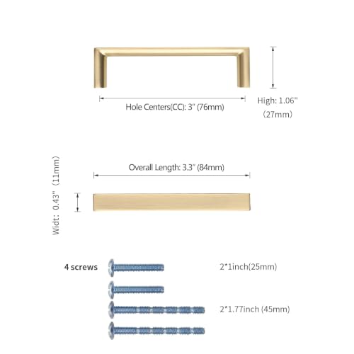 Image of 6 Pack 3 Inch(76mm) Kitchen Cabinet Handles Brushed Gold Cabinet Pulls