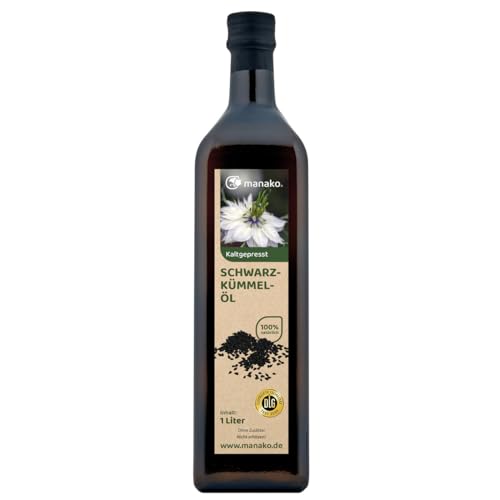 Manako - Aceite de comino negro, prensado en frío, 100% puro, botella de cristal de 1000 ml (1 x 1 l)