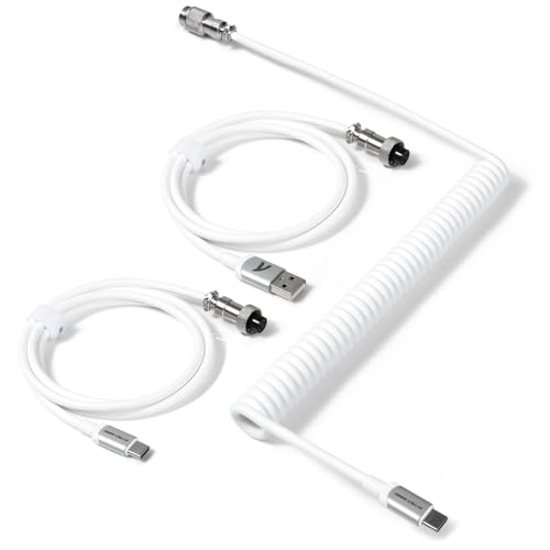 Image of C04 2 in 1 Custom Coiled USB C Cable for Gaming Keyboard-Detachable Double Sleeve Spiral Cable with 5 Pin Aviator Connector for PS4,Xbox-USB A To Type C&Type C To Type C(1.62+3.28inch)-White