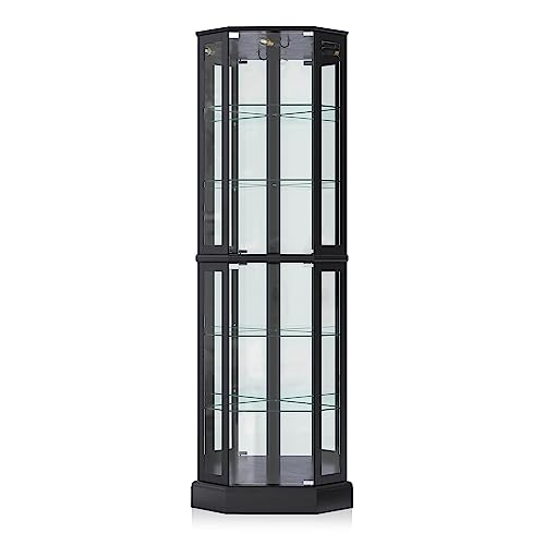 Image of BELLEZE Lighted 3-Side Glass Display Curio Cabinet with Tempered Glass Doors and Shelves, Curved Wood Corner Cabinet with Bulb, Corner Curio Storage Rack for Bar and Liquor Storage - Ashfield (Black)