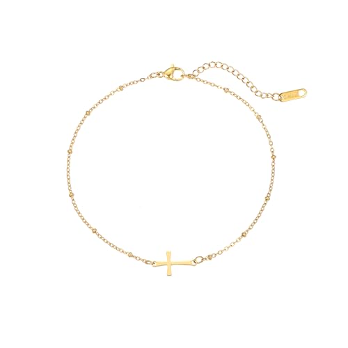 Image of NONAMOIS Ankle Bracelets for Women Dainty 18K Gold Plated Anklet Waterproof Round Beaded Paperclip Herringbone Pearl Chain Anklets Waterproof Beach Foot Jewelry