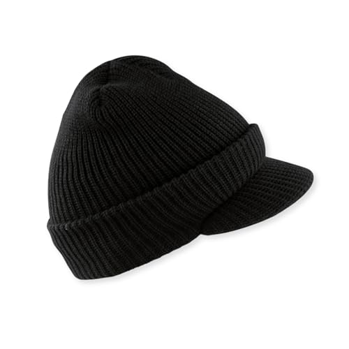 Winter Beanie Cap with Visor, Genuine G.I. 100% Wool Fitted Cap, Made in USA (1, Black)