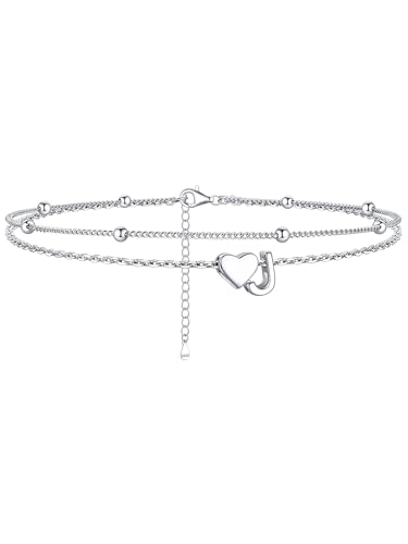 Image of ChicSilver Sterling Silver Anklets for Women Hypoallergenic Womens Ankle Bracelets for Women Layered Heart Anklet With Initials Womens Anklets Jewelry for Mom Wife