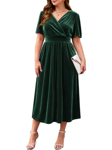 Image of BELAROI Plus Size Velvet Dresses Cocktail Party Fall Midi Dress with Pockets Wrap V Neck Empire Waist Short Sleeve L-4XL