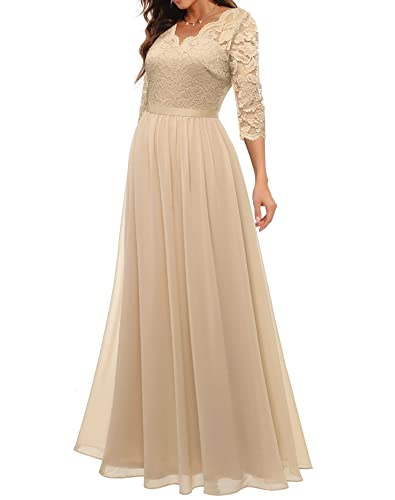 Daisyaner Women's Formal Floral Lace Evening Party Maxi Dress Elegant Half Sleeve V-Neck Dresses For Wedding Guest Champagne Xl #TOP3