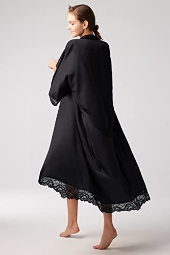 Image of BABEYOND Satin Kimono Robe Silky Long Bridesmaid Wedding Lightweight Bath Robe with Lace Trim
