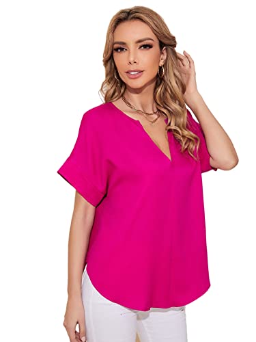 Image of Milumia Women Notched V Neck Batwing Sleeve Blouse Curved Hem Solid Casual Top