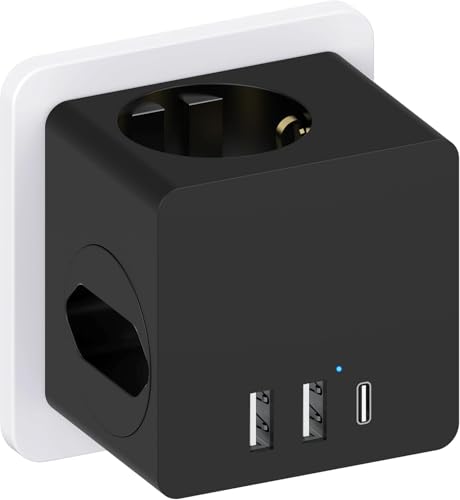 Steckdosenwürfel ohne Kabel, Steckdosenadapter mit USBC für DE/NL/ES/SE/FR, 4000W Cube Mehrfachsteckdose mit 3 USB… – Ansicht 1