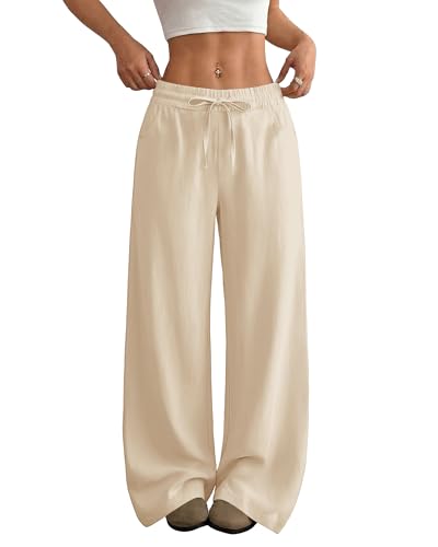 Image of SEMARO Womens Casual Linen Wide Leg Pants Flowy Drawstring High Waist Palazzo Beach Vacation Trousers