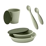 BIBS Mealtime Set | Includes Plate, Bowl, Cup, Feeding Spoon and Training Spoon | Sage