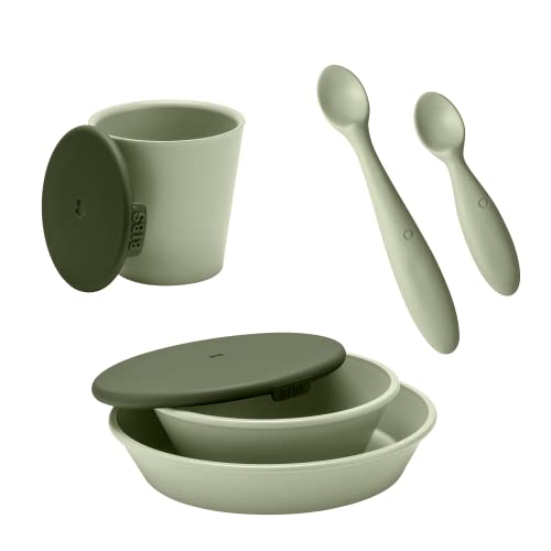BIBS Mealtime Set | Includes Plate, Bowl, Cup, Feeding Spoon and Training Spoon | Sage