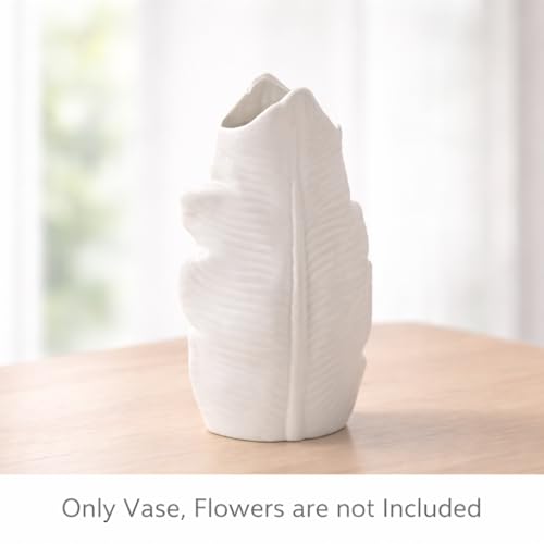 Image of Plastic White Ceramic-Look Leaf Design Vase for Flowers, Modern Textured Decorative Table Vase for Living Room, Bedroom, Office, Dining Table, Lightweight & Unbreakable Flower Pot (Leaf Shape)
