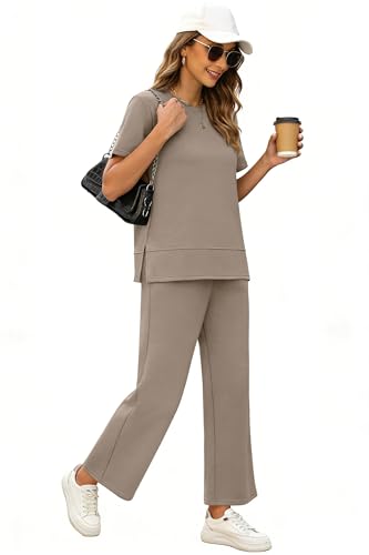 Image of XIEERDUO Women's Side Slit Lounge Sets 2026 Fashion 2 Piece Travel Outfits Cozy Loungewear Wide Leg Tracksuits S-3XL